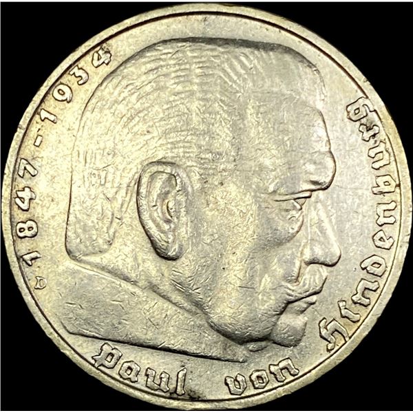 1937-D Germany Silver 5 Reichsmark CLOSELY UNCIRCULATED