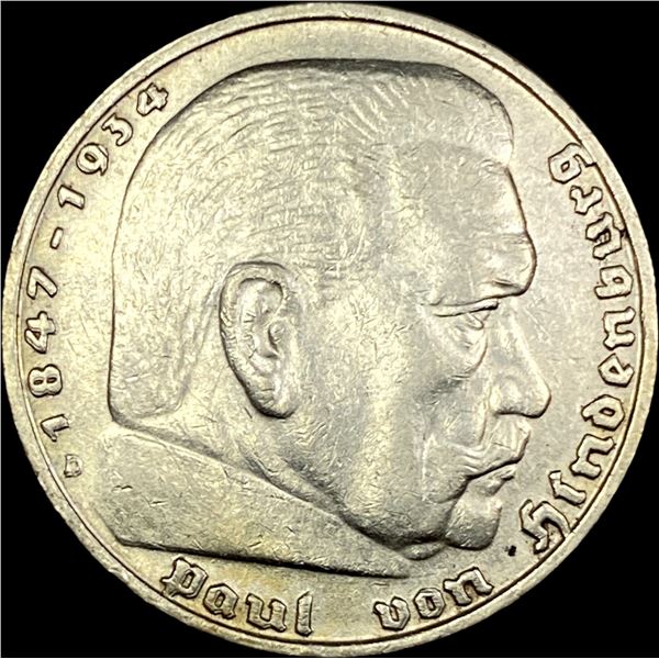 1936-D Germany Silver 5 Reichsmark CLOSELY UNCIRCULATED