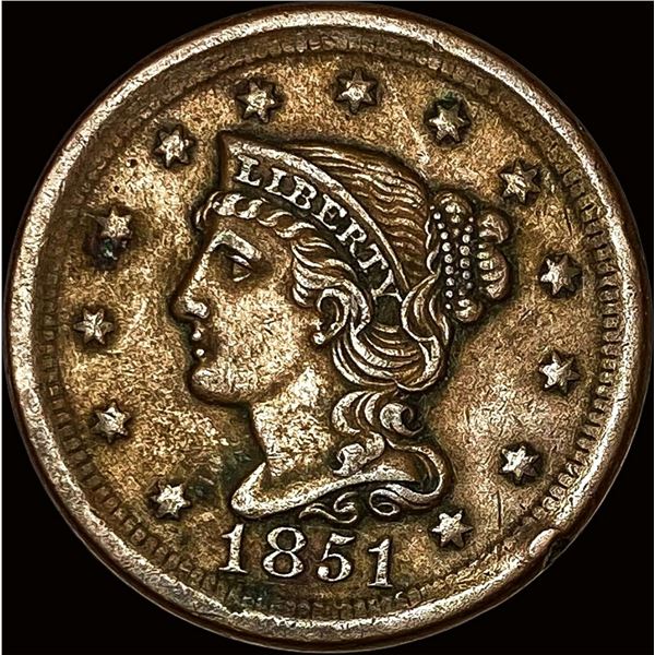 1851 Braided Hair Large Cent LIGHTLY  CIRCULATED