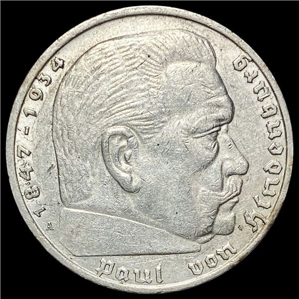 1938 Germany Silver 5 Reichsmark CLOSELY UNCIRCULATED