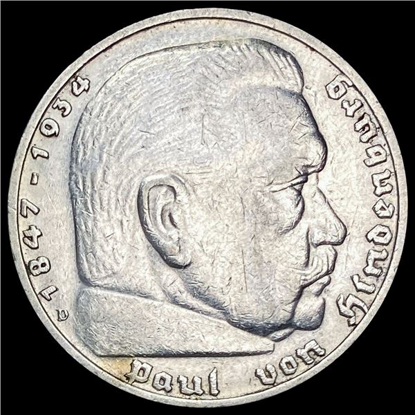 1936 Germany Silver 5 Reichsmark CLOSELY UNCIRCULATED