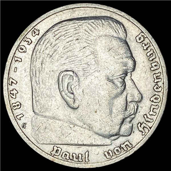 1936-G Germany Silver 5 Reichsmark CLOSELY UNCIRCULATED