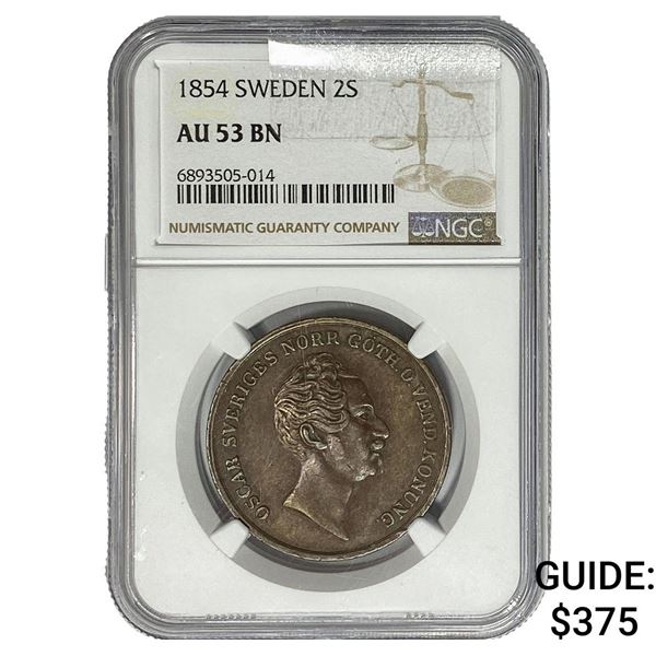 1854 Sweden 2 Skilling NGC AU53 BRN