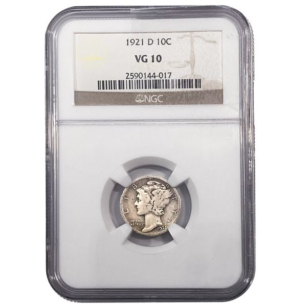 1921-D Mercury Silver Dime NGC VG10