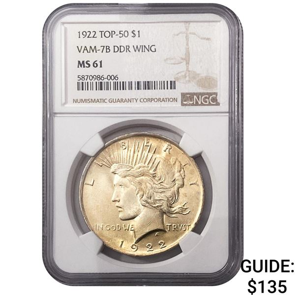 1922 TOP-50 Morgan Silver Dollar NGC MS61