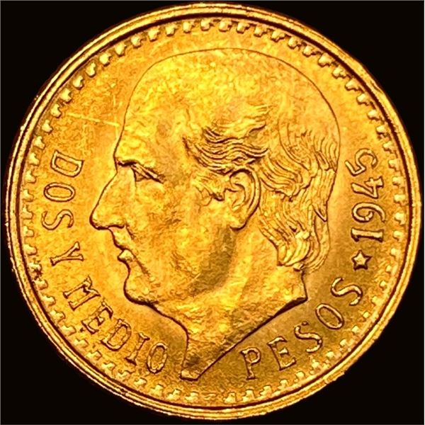 1945 Gold 2 1/2 Pesos Mexico SUPERB GEM BU