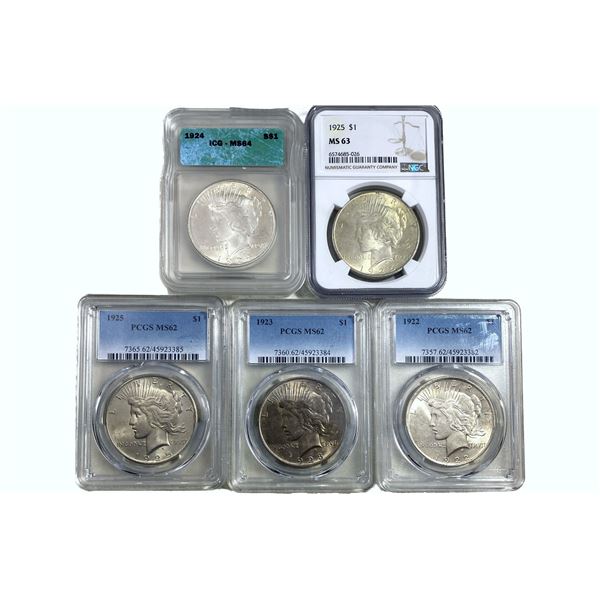 1923-1925 GEM BU SIlver Peace Dollar Lot [5 Coins] ICG/PCGS/NGC MS62-64