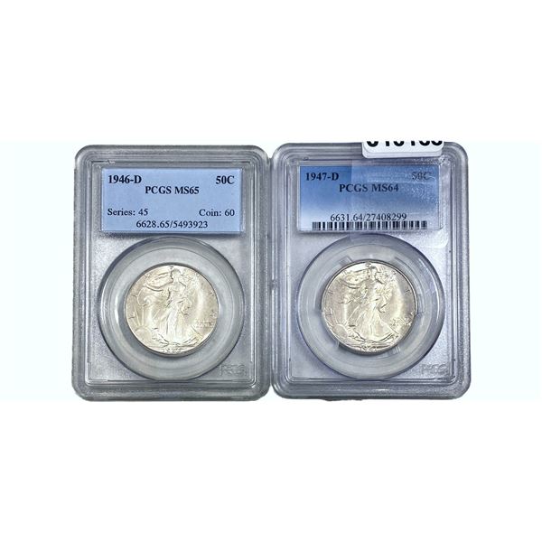 1946-1947 GEM BU Walking Lib Half Dollar[2Coins] PCGS MS65