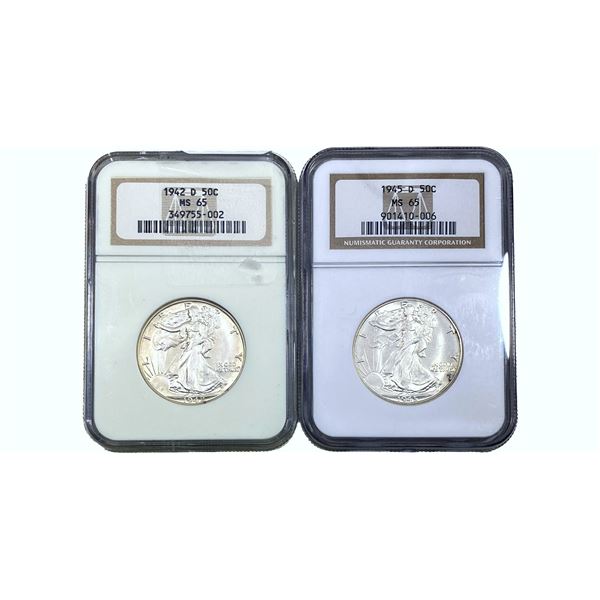 1942-1945 GEM BU Walking Lib Half Dollar[2 Coins] NGC MS65