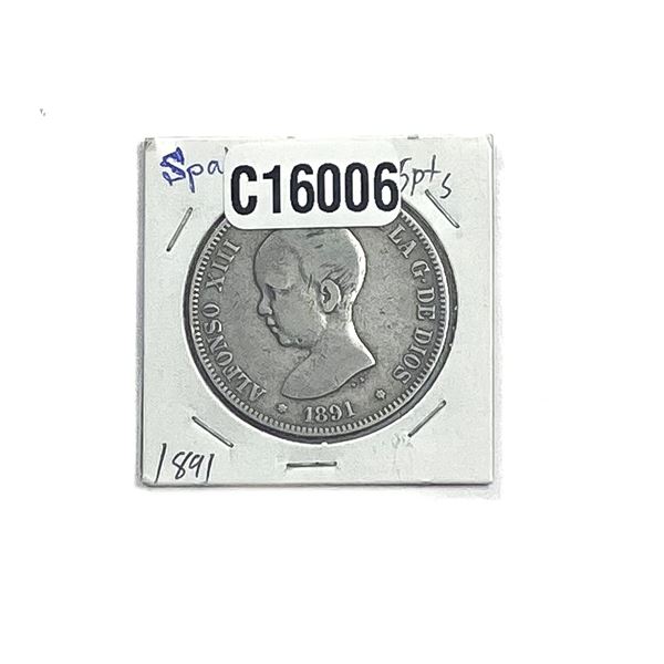 1891 Silver Spain 5 Pesetas XF