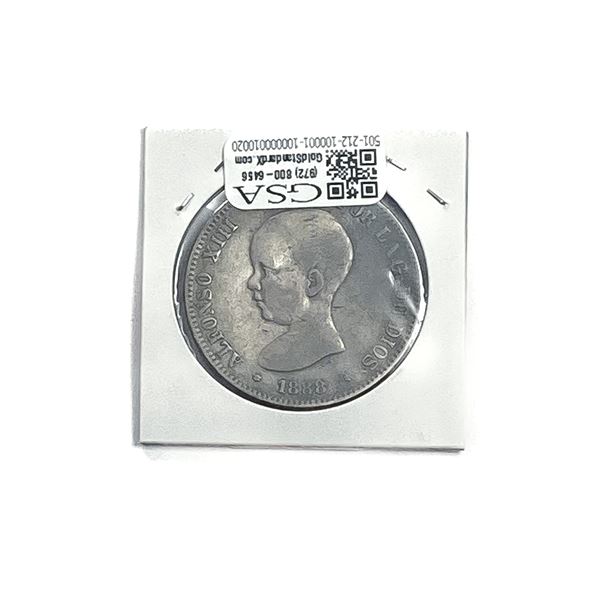 1888 Silver Spain 5 Pesetas Baby Head XF