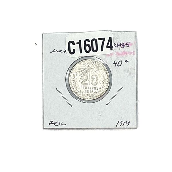 1914-M Silver Mexico 20 centavos AU