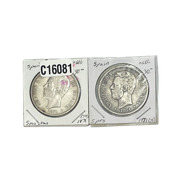 1871 Silver Spain 5 Pesatas XF