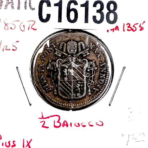 1850-R Papal States 1/2 Baiocco XF