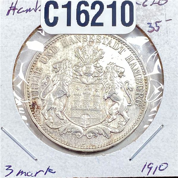 1910 Silver Hamburg 3 Mark AU