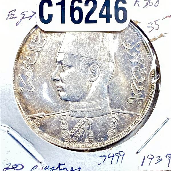 1939 Silver Egypt 20 Piastres AU