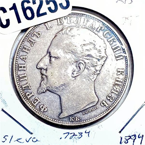 1894 Silver Bulgaria 5 Leva XF