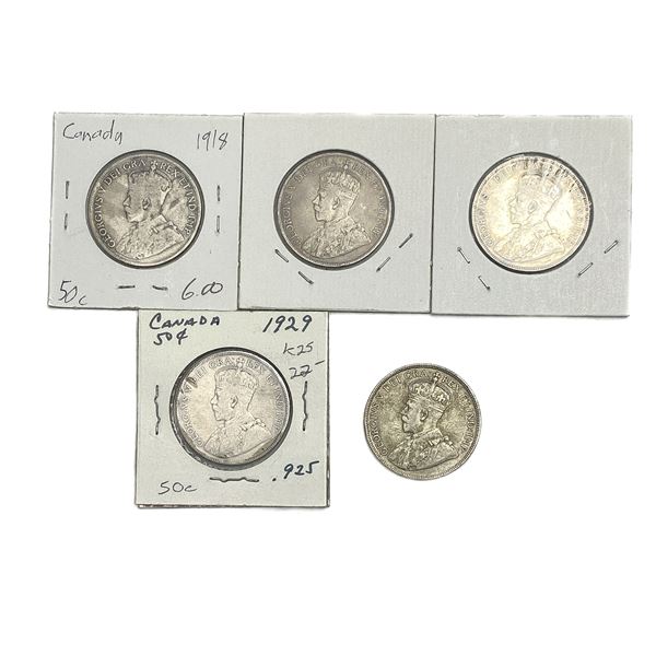 [5 Coins] 1918-1929 Canada Silver 50 Cents XF
