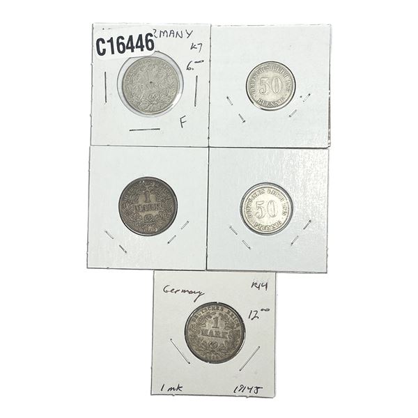 [5 Coins]1874-1914 German Empire SIlver Coin Lot