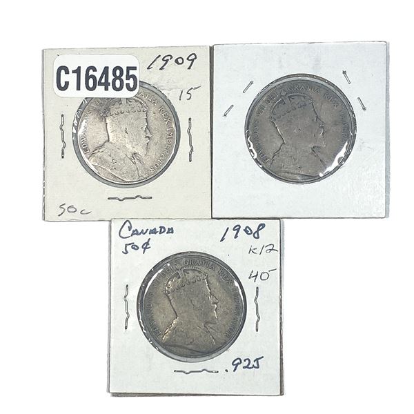 [3 Coins] 1906-1909 Canada Silver 50 Cents Fine
