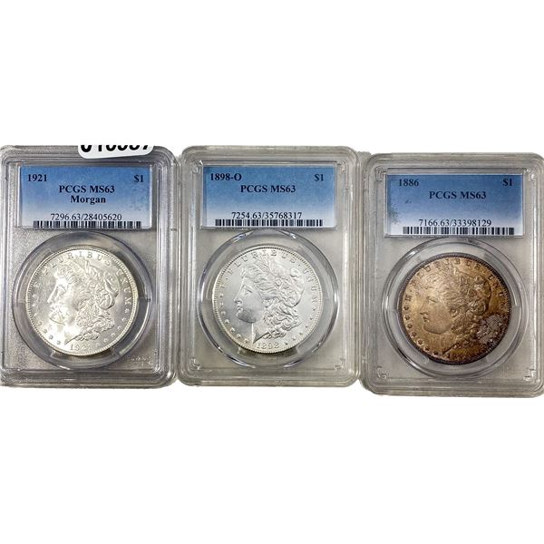 1886, 1898-O, 1921 Morgan Silver Dollar PCGS MS63