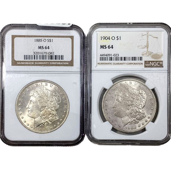 1885-O & 1904-O Silver Morgan Dollar NGC MS64