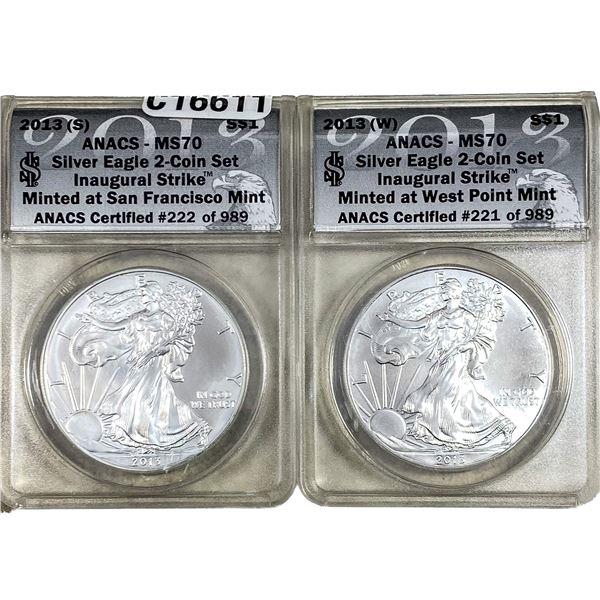2013-S 2013-W American Silver Eagle 2 Coin Set ANACS MS70
