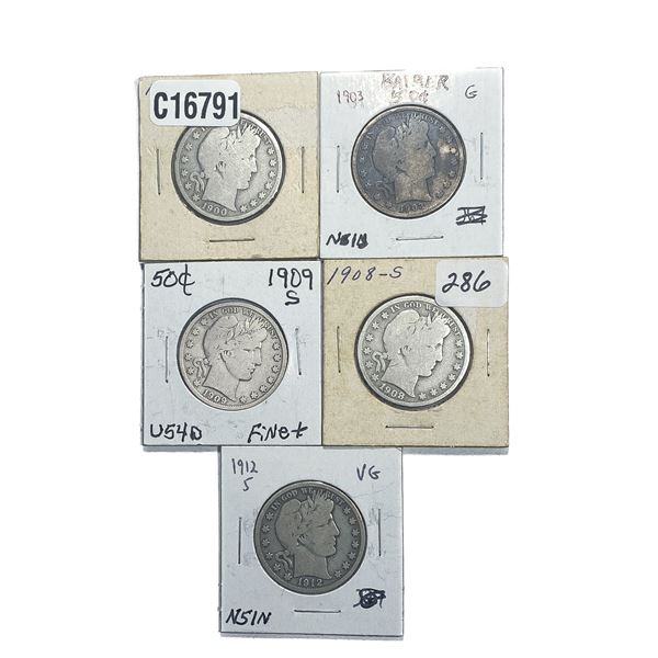 [5 Coins] 1900-1912 Barber Half Dollar
