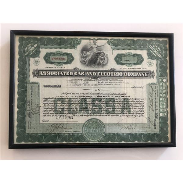 Framed Associated Gas And Electric Company Stock Certificate