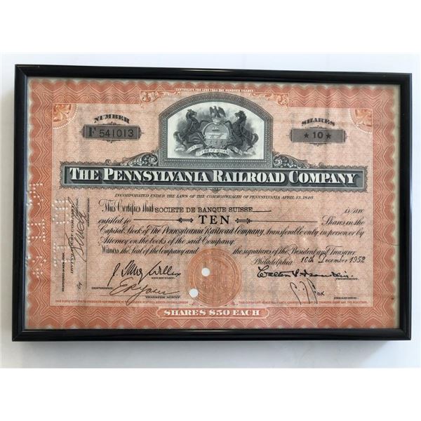 Framed The Pennsylvania Railroad Company Stock Certificate