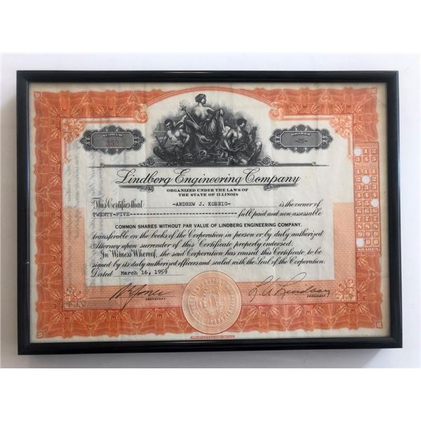 Framed Lindberg Engineering Company Stock Certificate