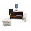 Image 1 : Group of Wooden Tiered Shelf, Vitapur Water Dispenser, Fire Extinguisher Containers, Etc.