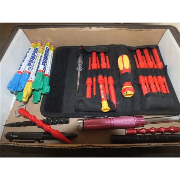 Box Of Assorted Tools & Paint Pens