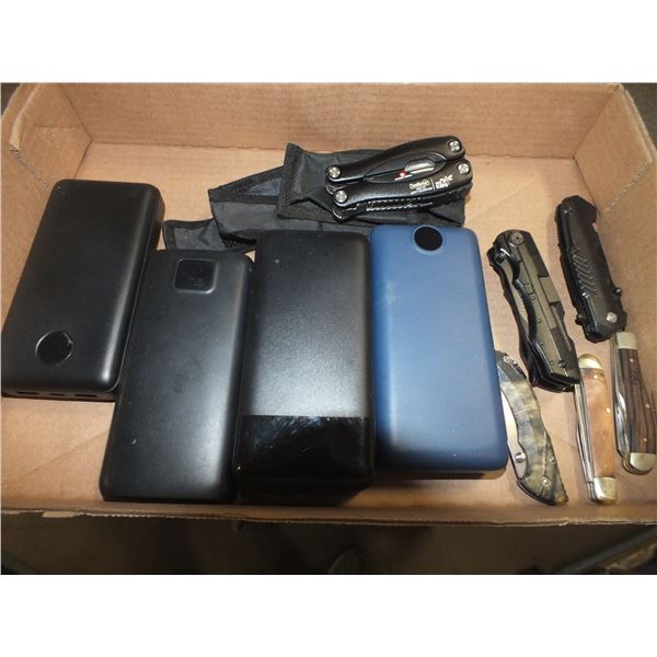 Box Of Battery Packs & Pocket Knives