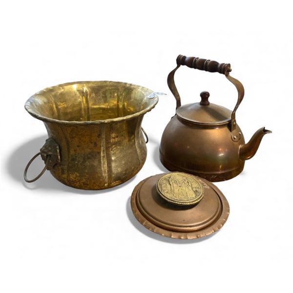3pc vintage decorative decor - kettle, solid brass lacquered bucket & ash tray