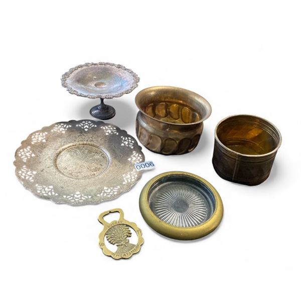 Group of assorted decorative items - glass & brass ashtray, Sheffield Reproduction Steel/Silver stan