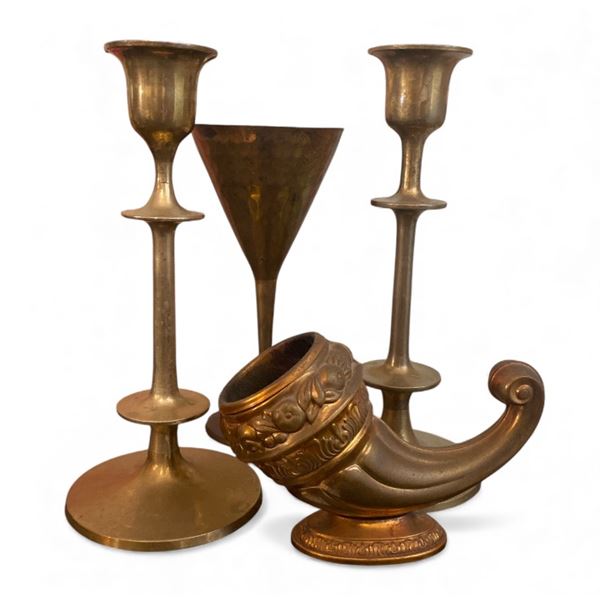 Group of assorted brass decor - candle holders, cup