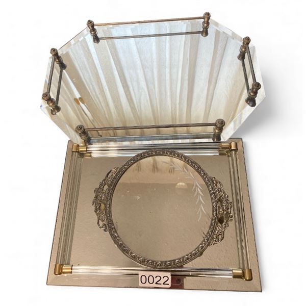 Group of items - 2pc mirror serving trays & McKibbin Drugs Carbon wall mirror