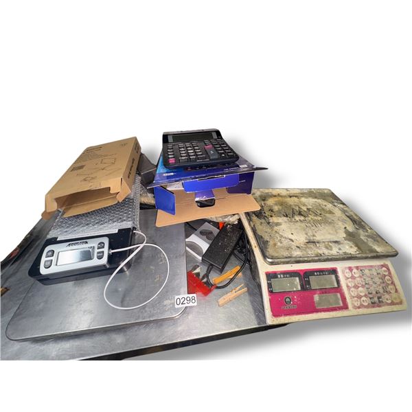 Group of assorted commercial scales, calculator etc.