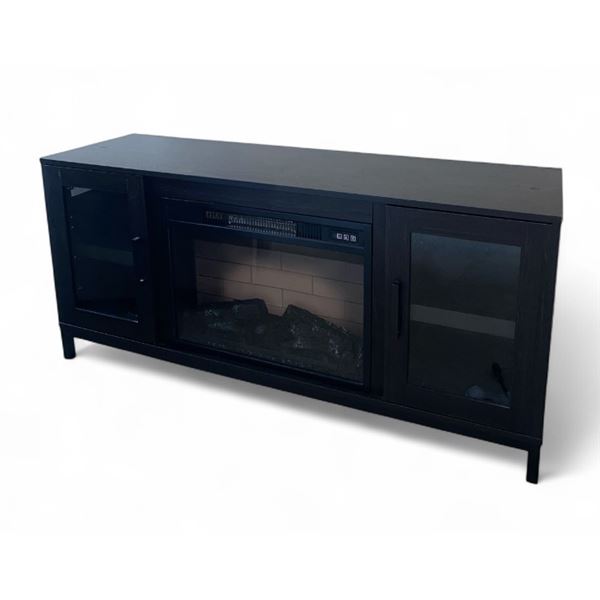 Media console electric fireplace dark wood finish with glass doors - approx. 54in length x 16in dept