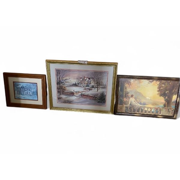 Group of 3 assorted framed wall hangings/prints - largest one approx. 21 1/2in x 17 1/2in