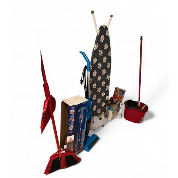 Group of assorted items - vacuum, ironing stand, cleaning supplies etc.