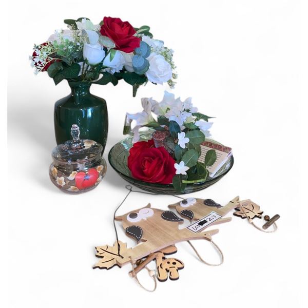 Group of assorted decorative vases with artificial plants etc.