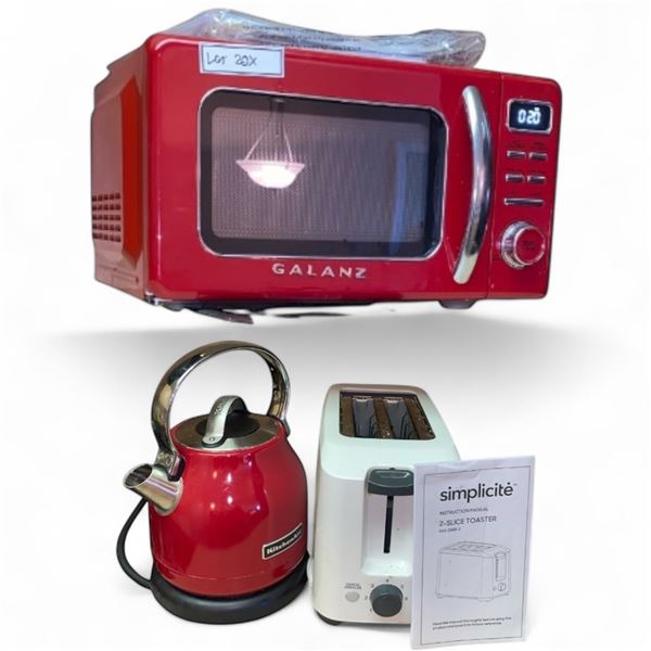 3pc - Galanz microwave oven, KitchenAid electric kettle & 2 slice toaster