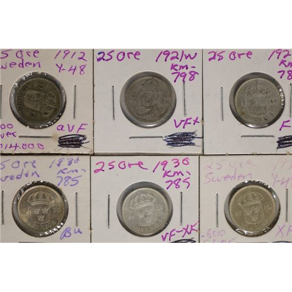 6 SWEDEN SILVER 25 ORE COINS. .2802 OZ. ASW TOTAL,