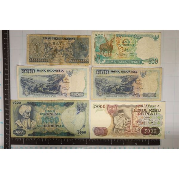6 INDONESIA BILLS: 1-1954 ONE RUPIAH, 1988-FIVE
