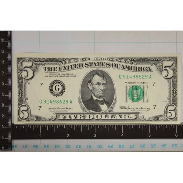 1969 US $5 FRN, GREEN SEAL. CRISP UNC