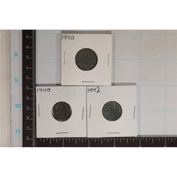 3 GERMAN PFENNING COINS WITH SWASTIKA: 1940 - 1