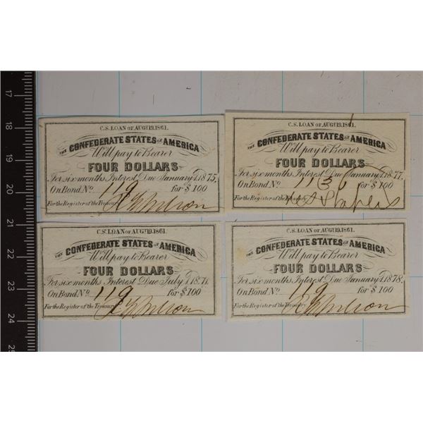 4-1861 CONFEDERATE BOND COUPONS FOR $4