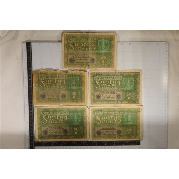 5-1919 GERMAN 50 MARK BILLS.  THESE ARE WELL USED,